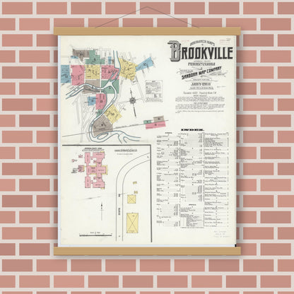 Old map wall art mockup — magnetic wood frame on brick wall — Sanborn Fire Insurance Map from Brookville, Jefferson County, Pennsylvania (1910) - Complete Map Set