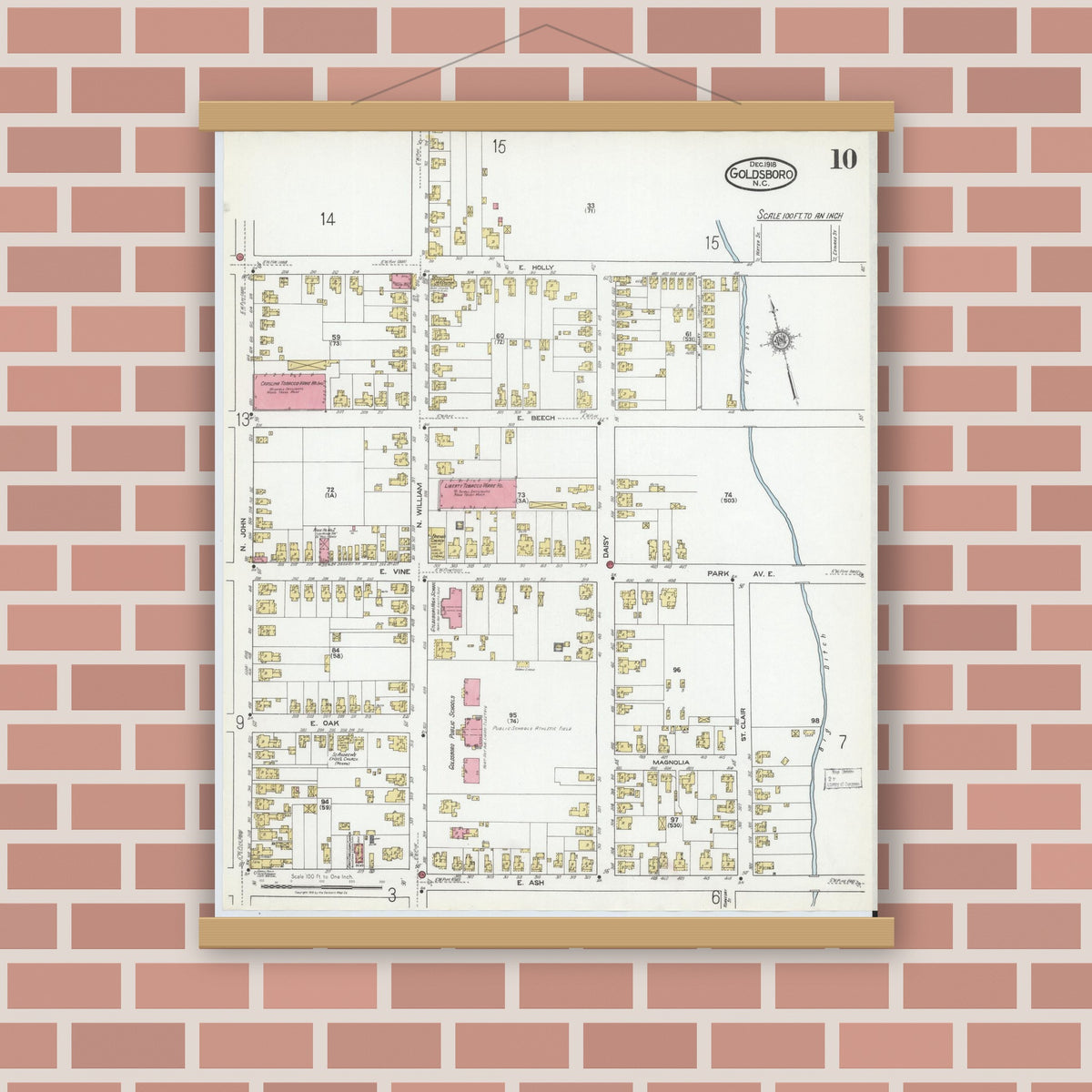 Old map wall art mockup — magnetic wood frame on brick wall — Sanborn Fire Insurance Map from Goldsboro, Wayne County, North Carolina (1918), Sheet #0010