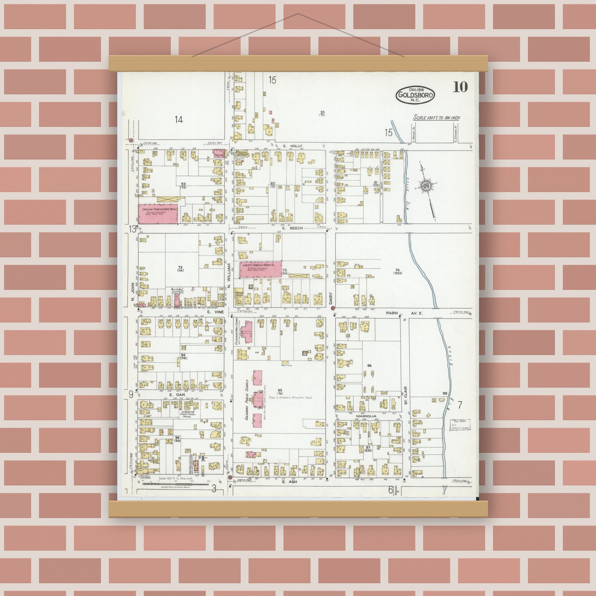 Old map wall art mockup — magnetic wood frame on brick wall — Sanborn Fire Insurance Map from Goldsboro, Wayne County, North Carolina (1918), Sheet #0010