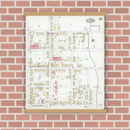 Old map wall art mockup — magnetic wood frame on brick wall — Sanborn Fire Insurance Map from Goldsboro, Wayne County, North Carolina (1918), Sheet #0010