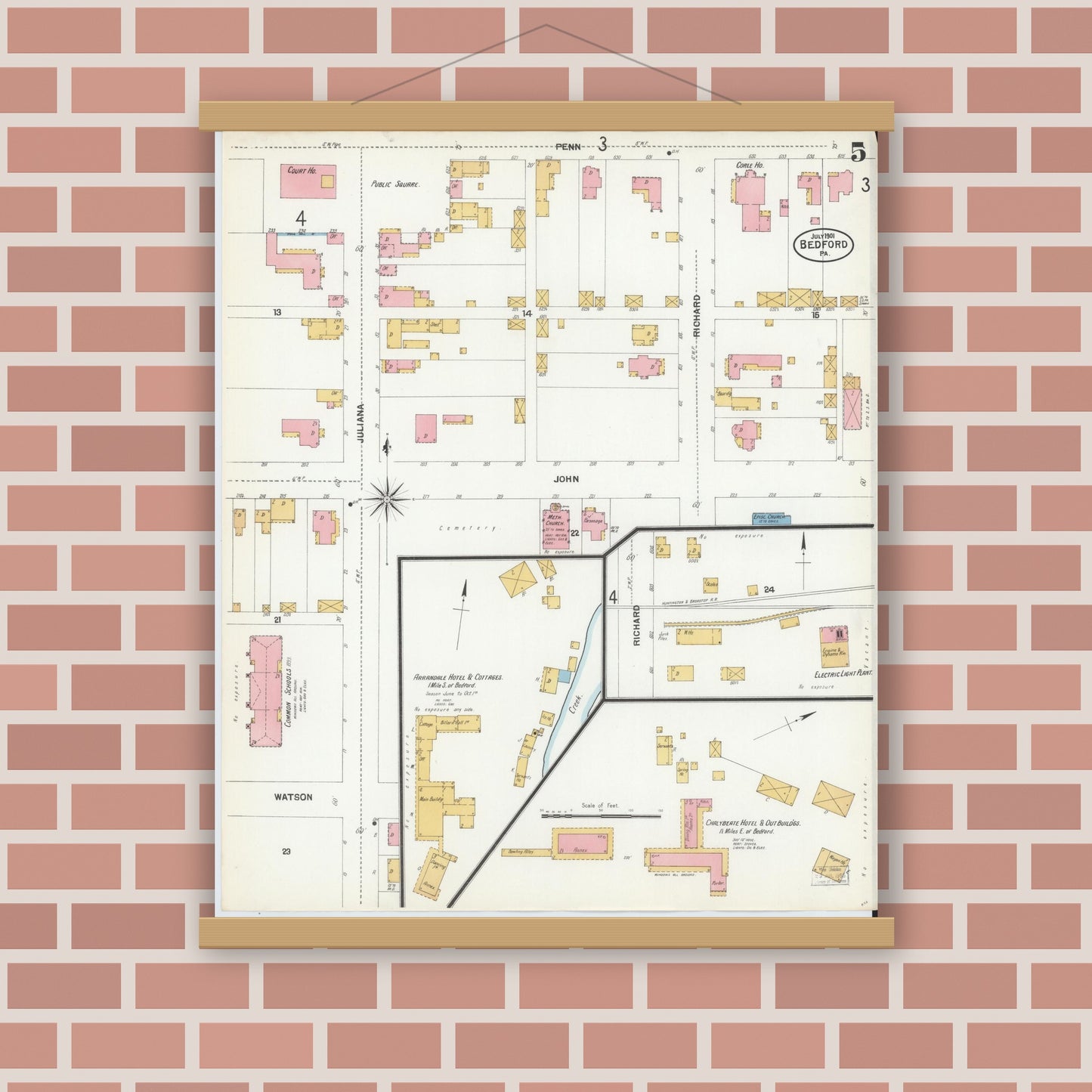 Old map wall art mockup — magnetic wood frame on brick wall — Sanborn Fire Insurance Map from Bedford, Bedford County, Pennsylvania (1901), Sheet #0005