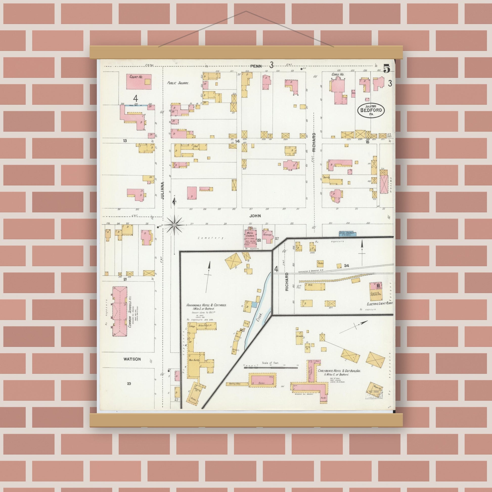 Old map wall art mockup — magnetic wood frame on brick wall — Sanborn Fire Insurance Map from Bedford, Bedford County, Pennsylvania (1901), Sheet #0005