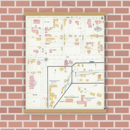 Old map wall art mockup — magnetic wood frame on brick wall — Sanborn Fire Insurance Map from Bedford, Bedford County, Pennsylvania (1901), Sheet #0005