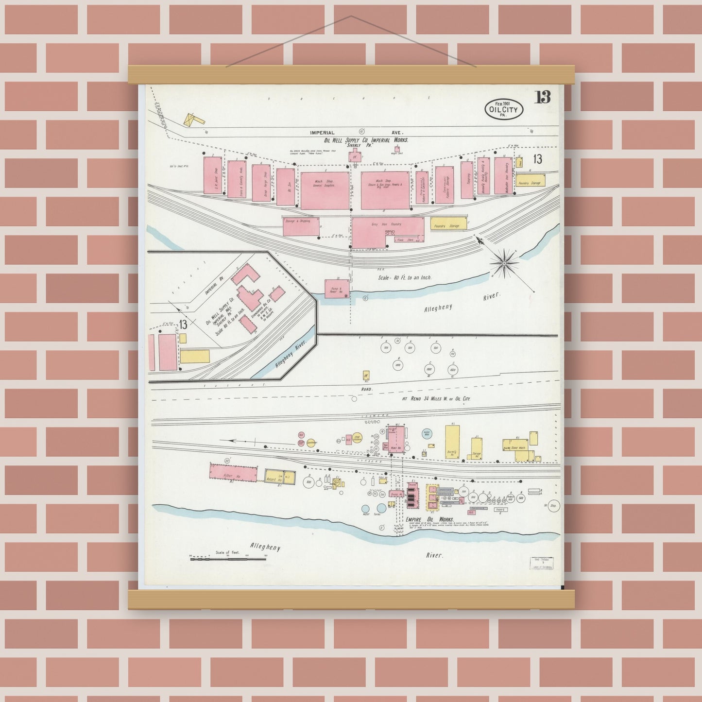 Old map wall art mockup — magnetic wood frame on brick wall — Sanborn Fire Insurance Map from Oil City, Venango County, Pennsylvania (1901), Sheet #0013