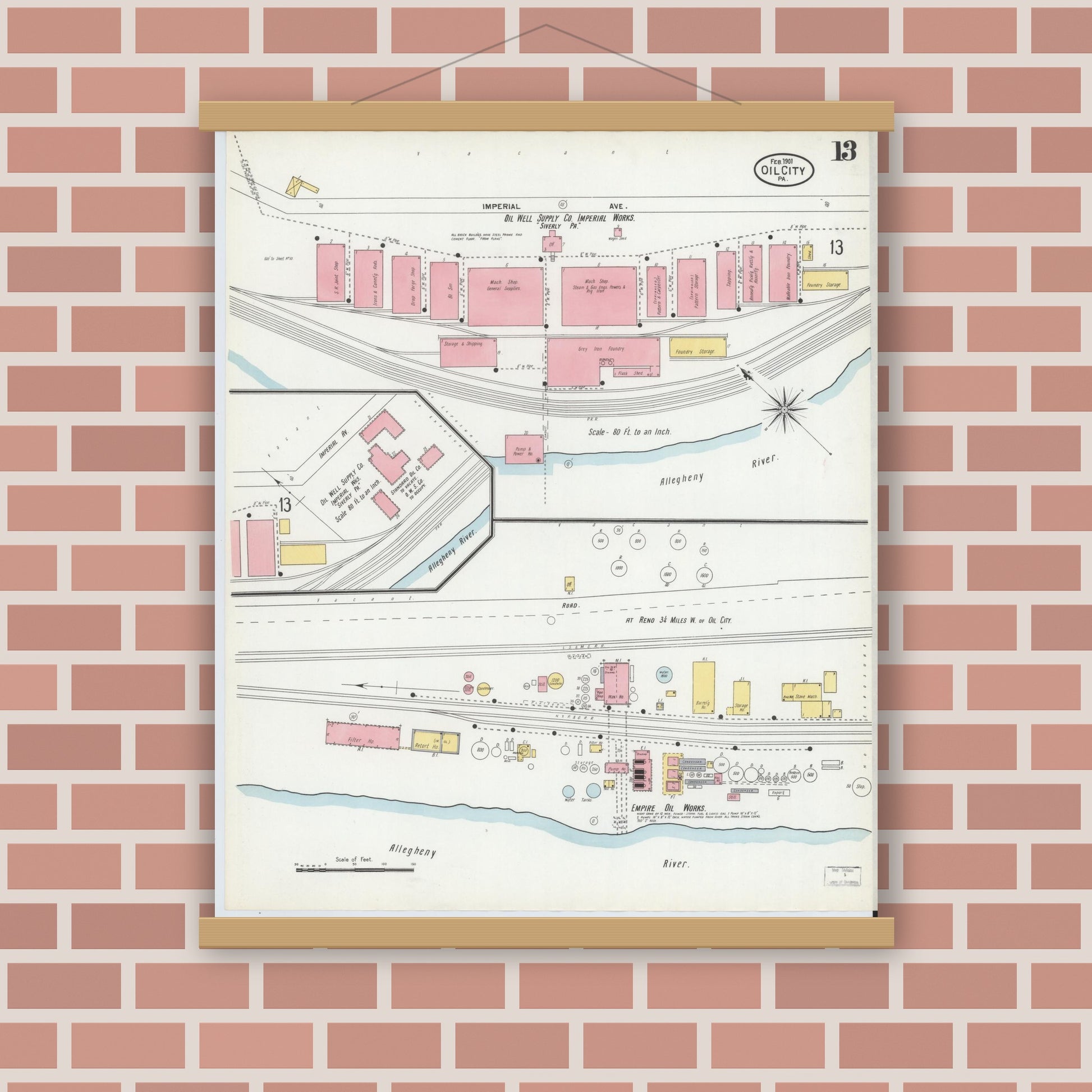 Old map wall art mockup — magnetic wood frame on brick wall — Sanborn Fire Insurance Map from Oil City, Venango County, Pennsylvania (1901), Sheet #0013