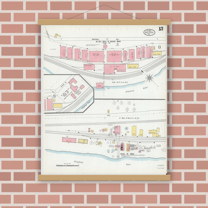Old map wall art mockup — magnetic wood frame on brick wall — Sanborn Fire Insurance Map from Oil City, Venango County, Pennsylvania (1901), Sheet #0013