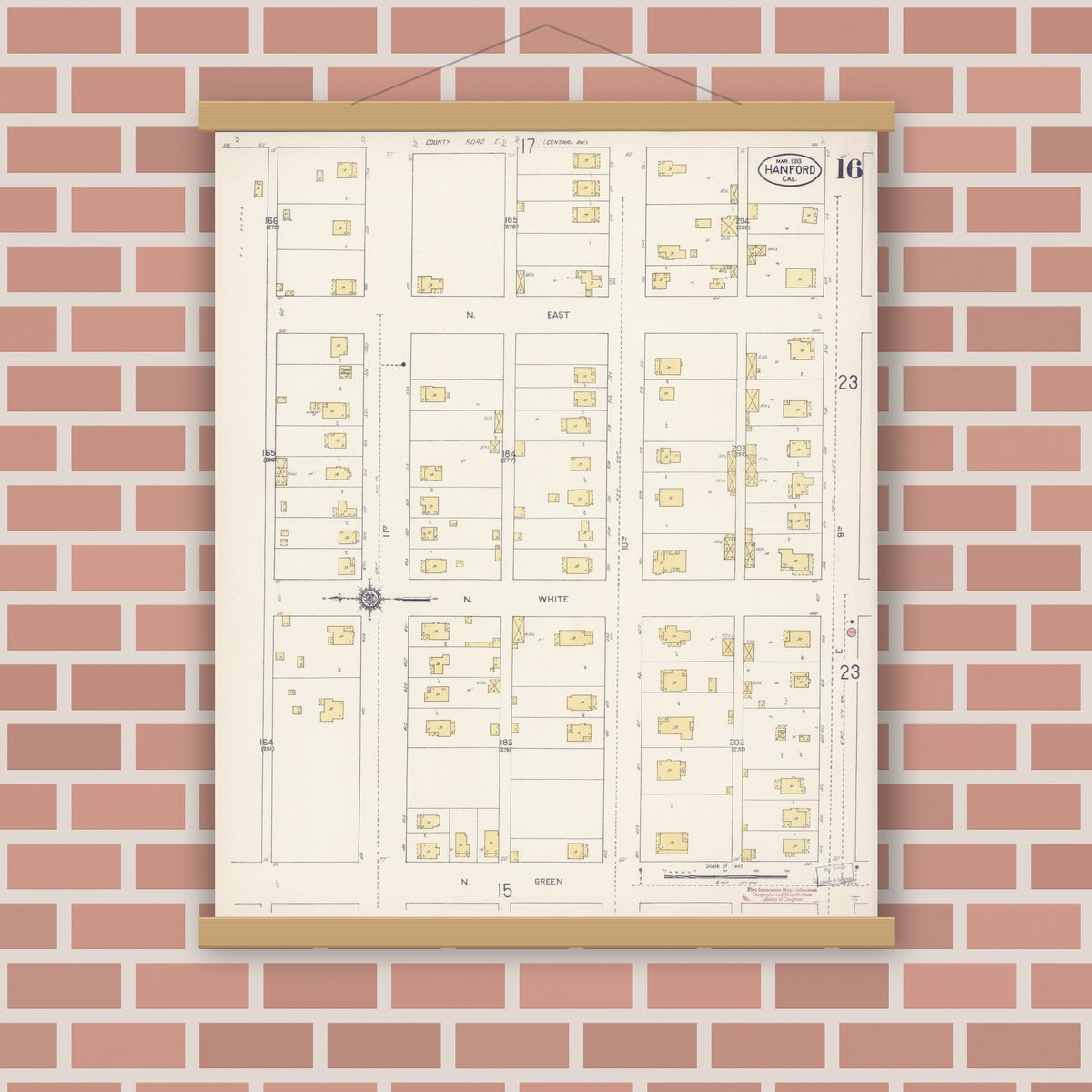 Old map wall art mockup — magnetic wood frame on brick wall — Sanborn Fire Insurance Map from Hanford, Kings County, California (1913), Sheet #0016