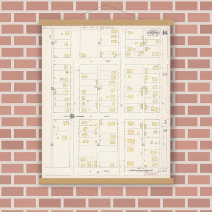 Old map wall art mockup — magnetic wood frame on brick wall — Sanborn Fire Insurance Map from Hanford, Kings County, California (1913), Sheet #0016