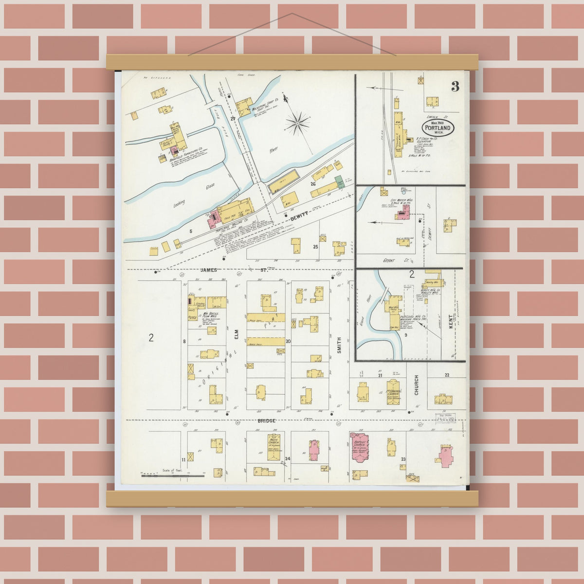 Old map wall art mockup — magnetic wood frame on brick wall — Sanborn Fire Insurance Map from Portland, Ionia County, Michigan (1900), Sheet #0003
