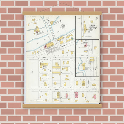 Old map wall art mockup — magnetic wood frame on brick wall — Sanborn Fire Insurance Map from Portland, Ionia County, Michigan (1900), Sheet #0003