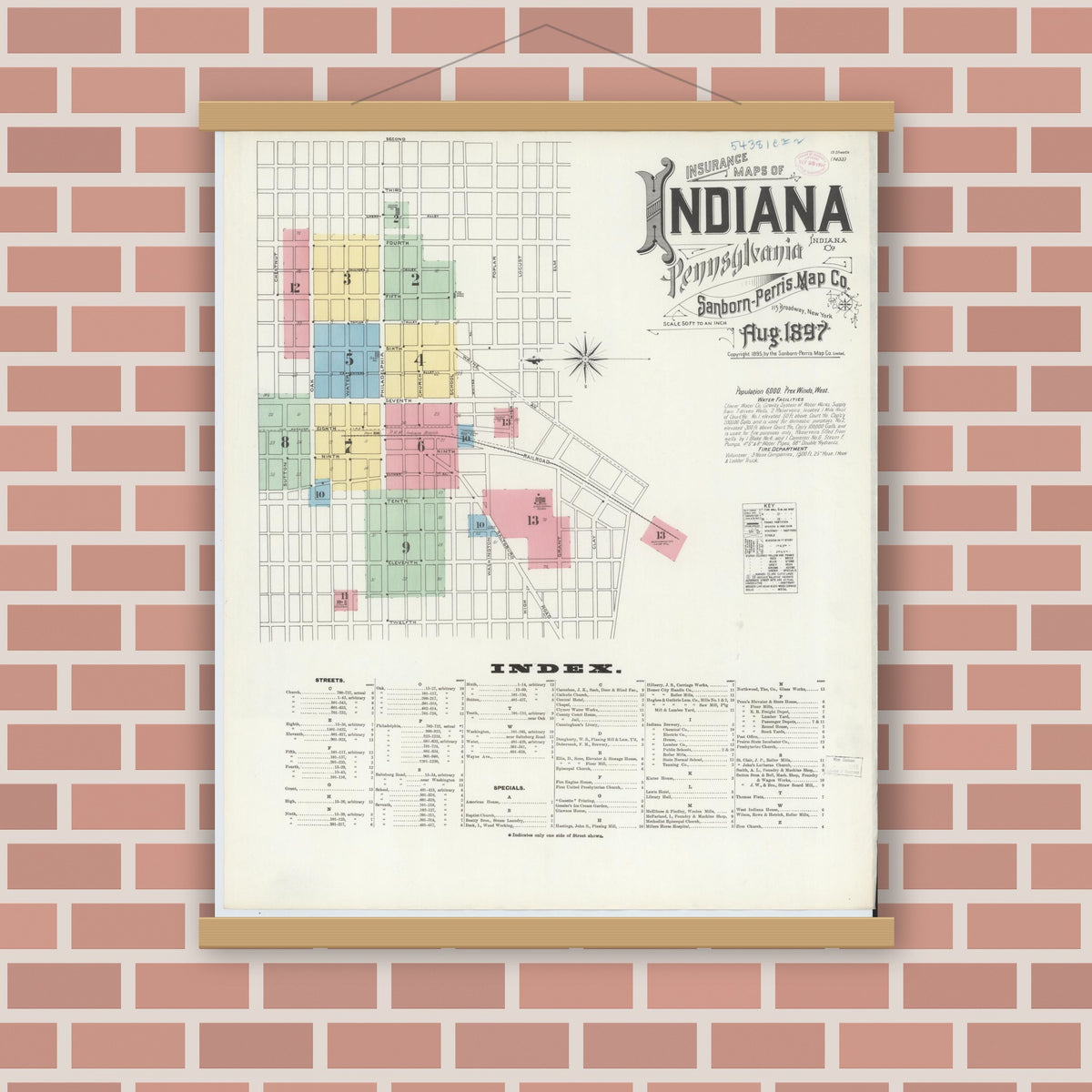 Old map wall art mockup — magnetic wood frame on brick wall — Sanborn Fire Insurance Map from Indiana, Indiana County, Pennsylvania (1888) - Complete Map Set