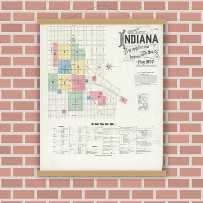 Old map wall art mockup — magnetic wood frame on brick wall — Sanborn Fire Insurance Map from Indiana, Indiana County, Pennsylvania (1888) - Complete Map Set
