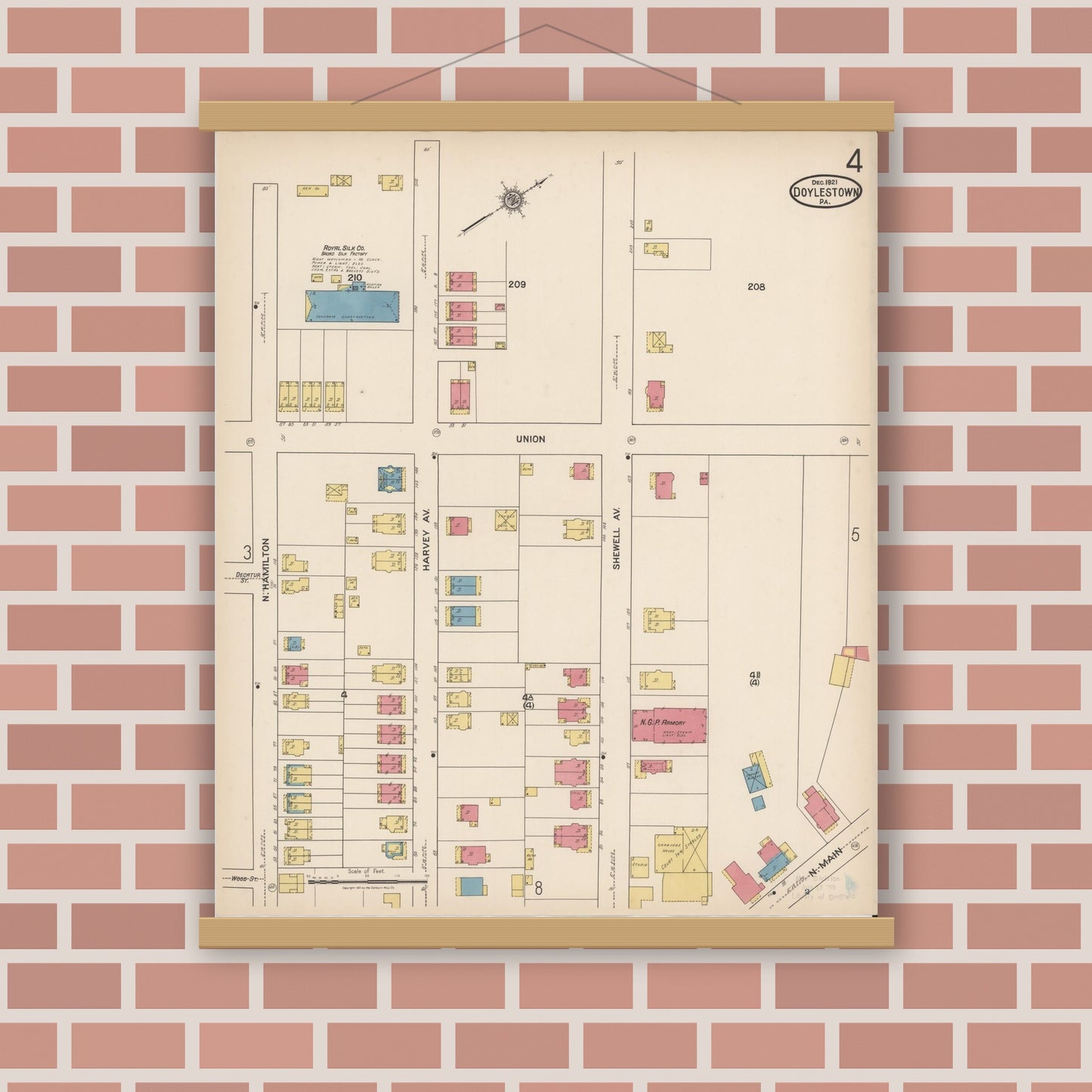 Old map wall art mockup — magnetic wood frame on brick wall — Sanborn Fire Insurance Map from Doylestown, Bucks County, Pennsylvania (1922), Sheet #0004
