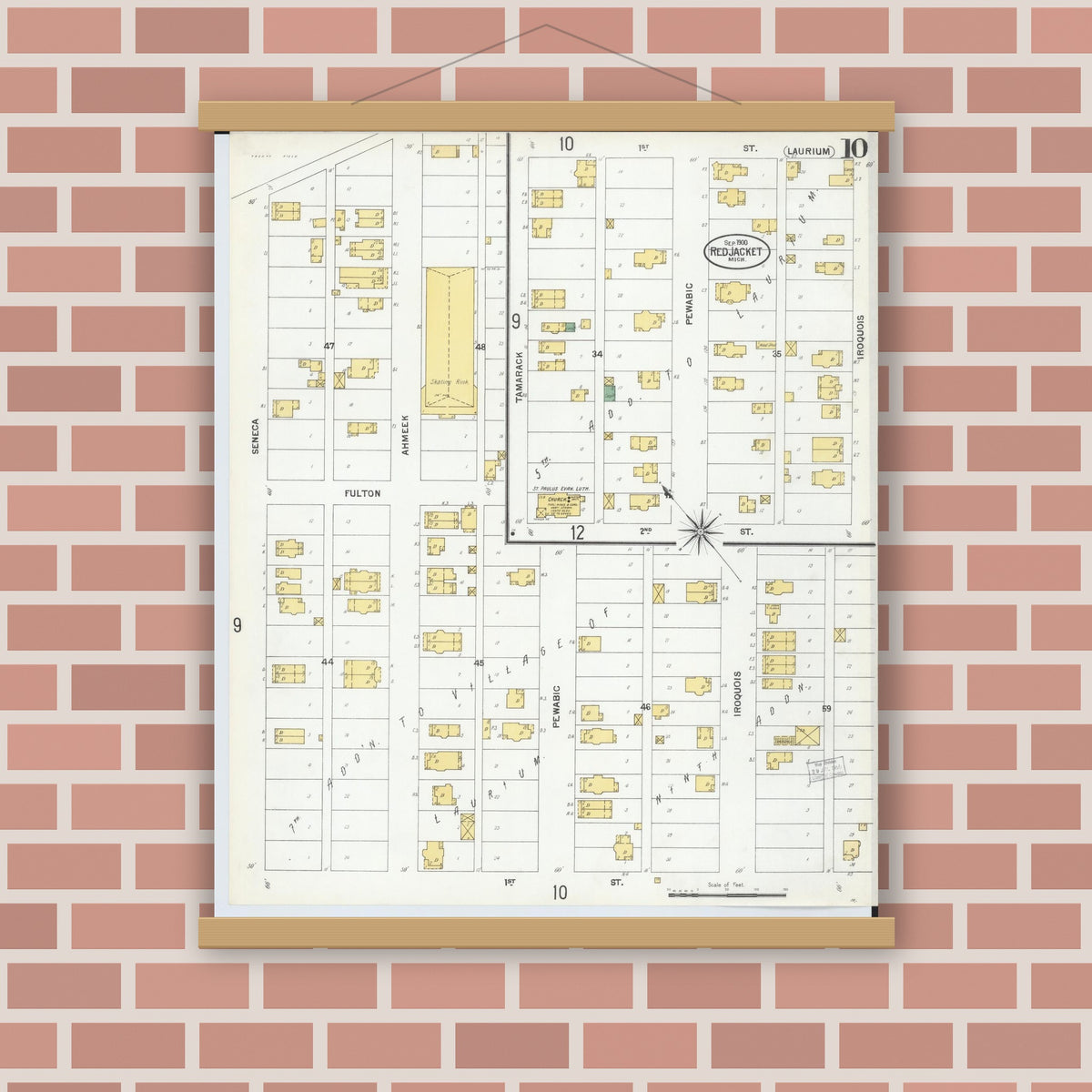 Old map wall art mockup — magnetic wood frame on brick wall — Sanborn Fire Insurance Map from Red Jacket, Houghton County, Michigan (1900), Sheet #0010