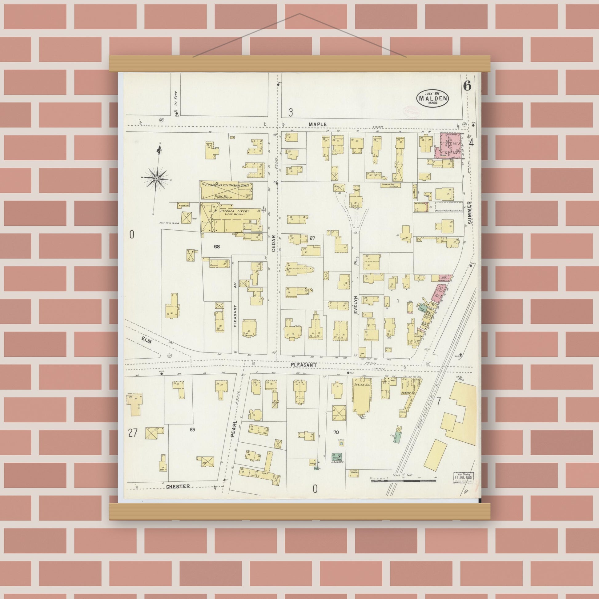 Old map wall art mockup — magnetic wood frame on brick wall — Sanborn Fire Insurance Map from Malden, Middlesex County, Massachusetts (1897), Sheet #0006