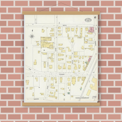 Old map wall art mockup — magnetic wood frame on brick wall — Sanborn Fire Insurance Map from Malden, Middlesex County, Massachusetts (1897), Sheet #0006