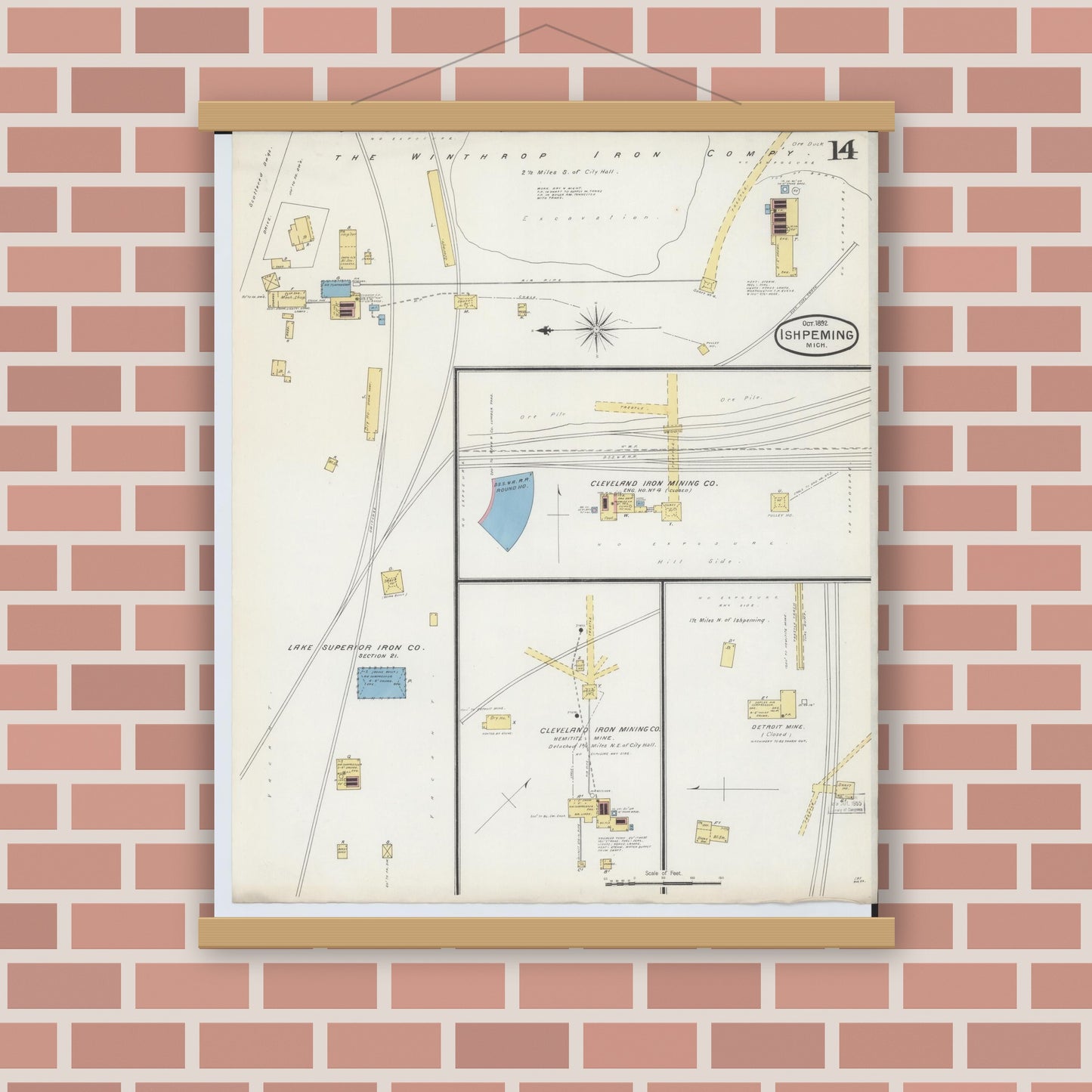 Old map wall art mockup — magnetic wood frame on brick wall — Sanborn Fire Insurance Map from Ishpeming, Marquette County, Michigan (1892), Sheet #0014