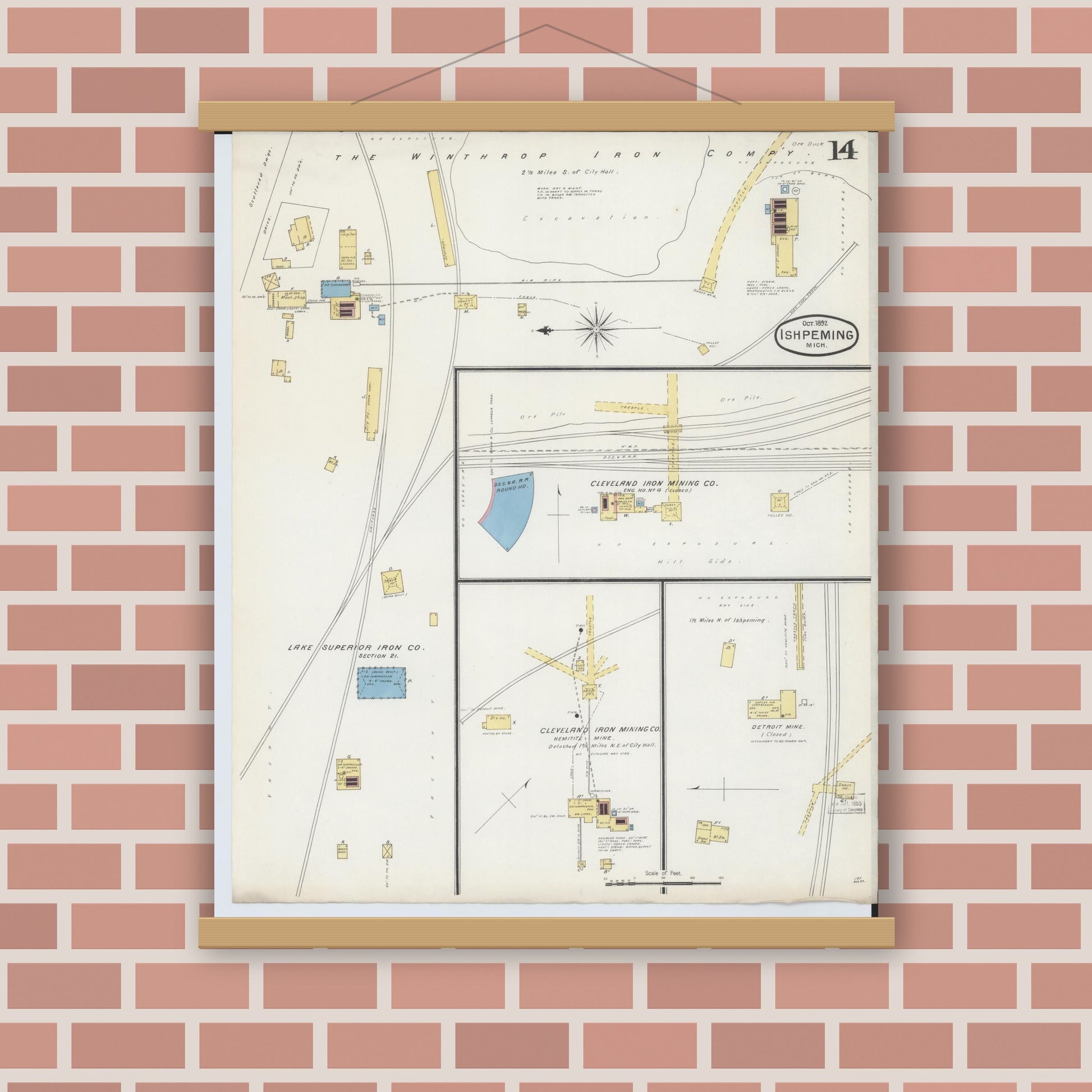 Old map wall art mockup — magnetic wood frame on brick wall — Sanborn Fire Insurance Map from Ishpeming, Marquette County, Michigan (1892), Sheet #0014