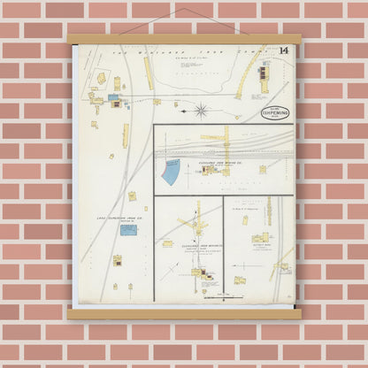 Old map wall art mockup — magnetic wood frame on brick wall — Sanborn Fire Insurance Map from Ishpeming, Marquette County, Michigan (1892), Sheet #0014