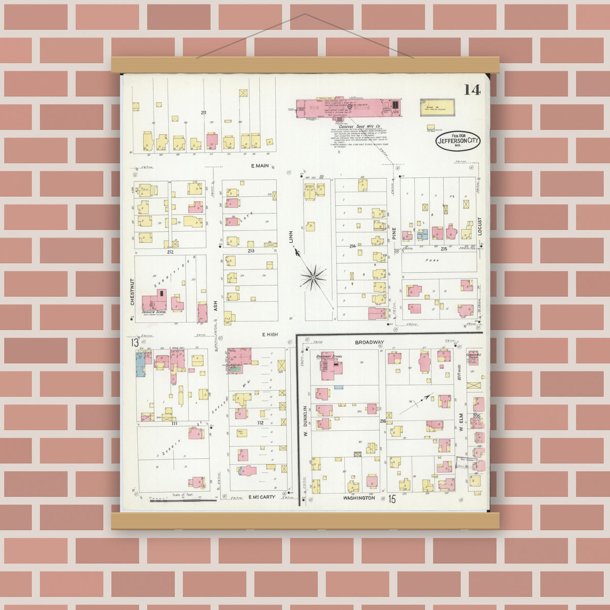Old map wall art mockup — magnetic wood frame on brick wall — Sanborn Fire Insurance Map from Jefferson City, Cole County, Missouri (1908), Sheet #0014