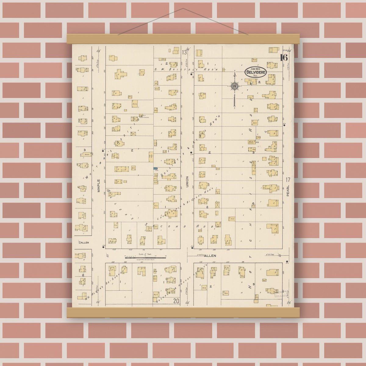 Old map wall art mockup — magnetic wood frame on brick wall — Sanborn Fire Insurance Map from Belvidere, Boone County, Illinois (1922), Sheet #0016