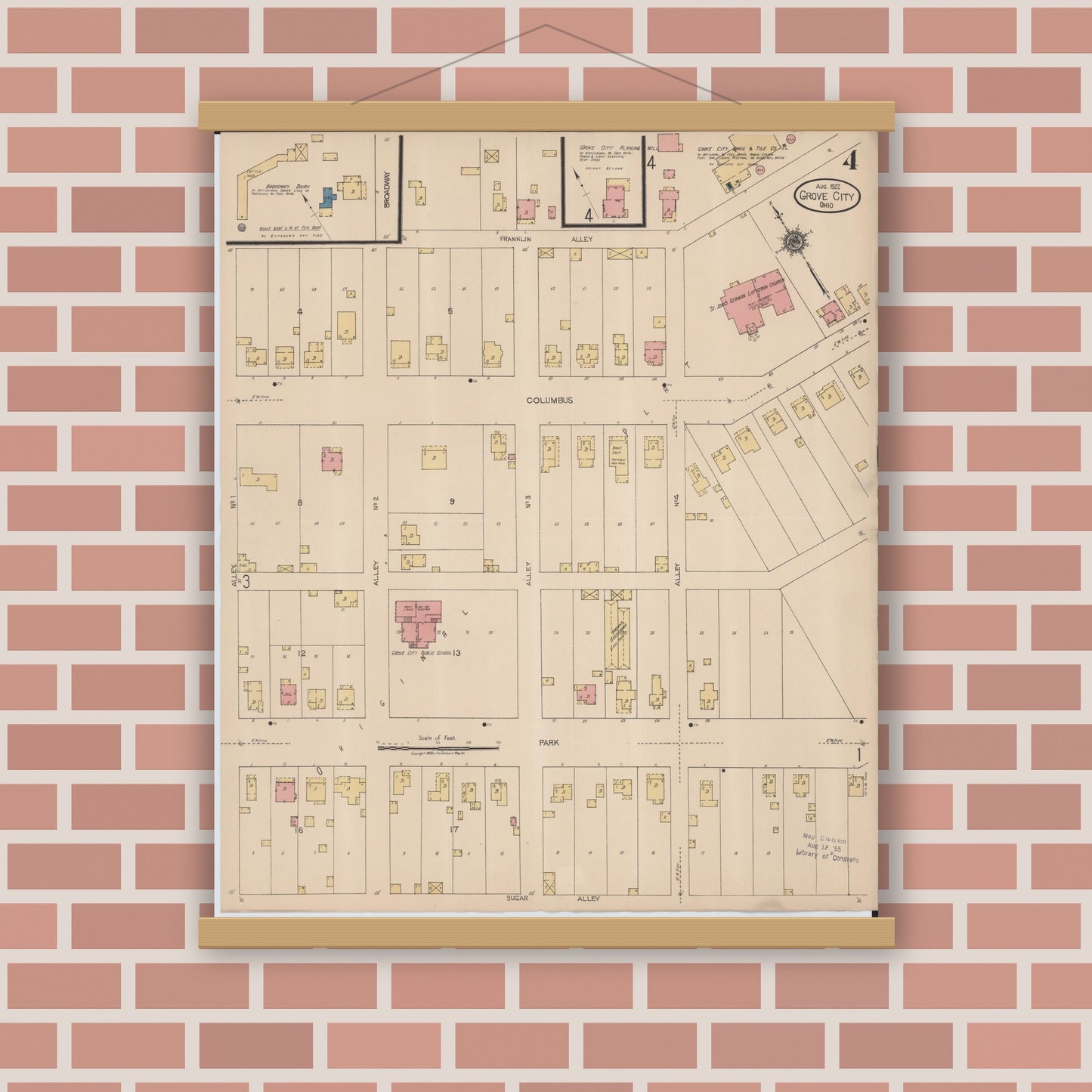 Old map wall art mockup — magnetic wood frame on brick wall — Sanborn Fire Insurance Map from Grove City, Franklin County, Ohio (1922), Sheet #0004