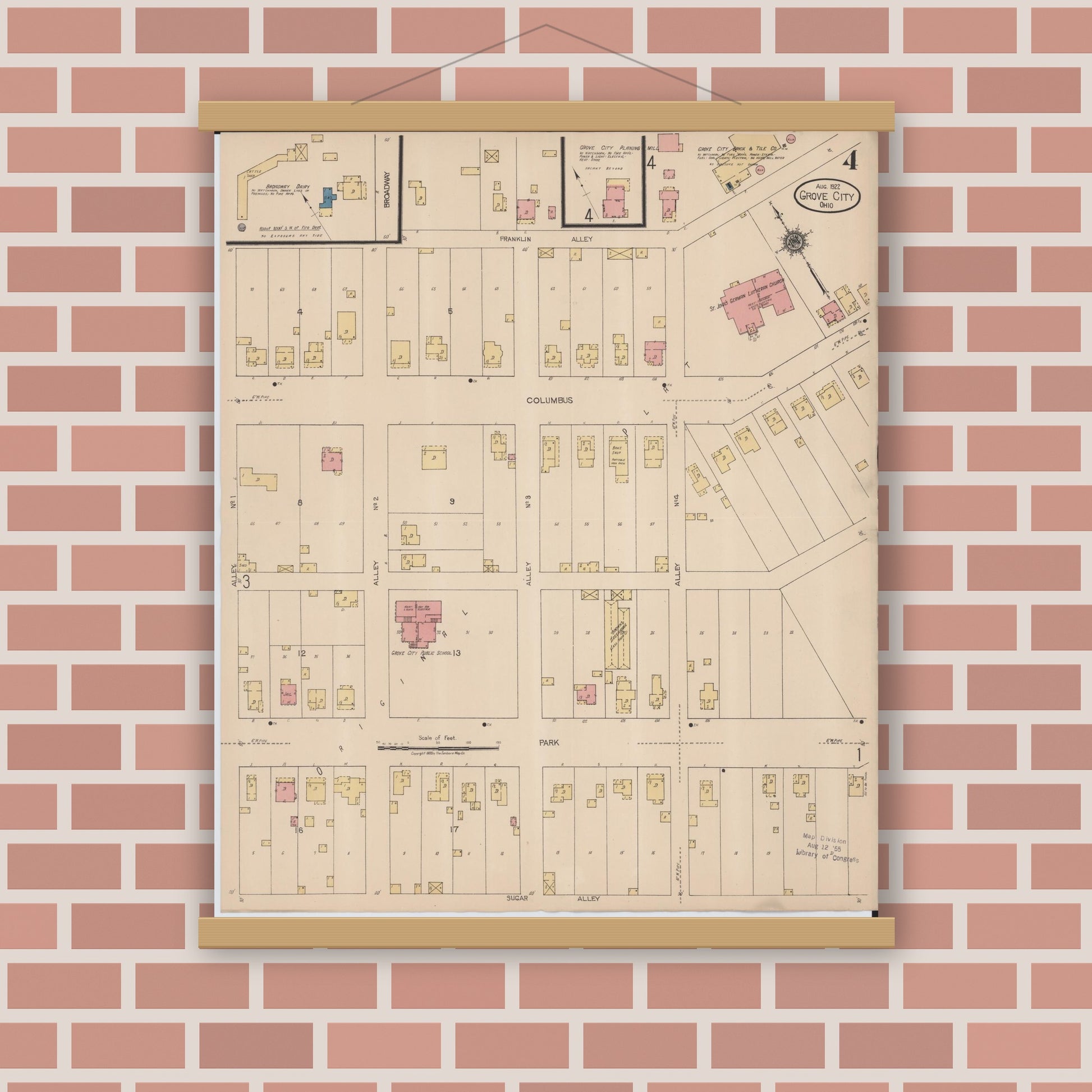 Old map wall art mockup — magnetic wood frame on brick wall — Sanborn Fire Insurance Map from Grove City, Franklin County, Ohio (1922), Sheet #0004