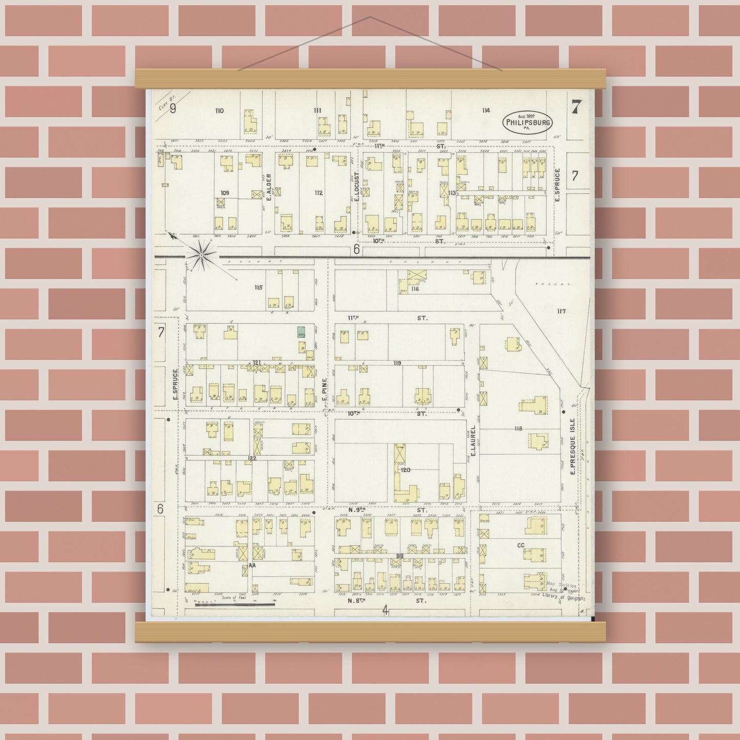 Old map wall art mockup — magnetic wood frame on brick wall — Sanborn Fire Insurance Map from Philipsburg, Centre County, Pennsylvania (1897), Sheet #0007