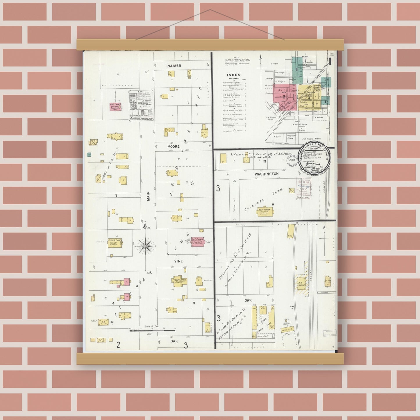 Old map wall art mockup — magnetic wood frame on brick wall — Sanborn Fire Insurance Map from Brighton, Macoupin County, Illinois (1900) - Complete Map Set