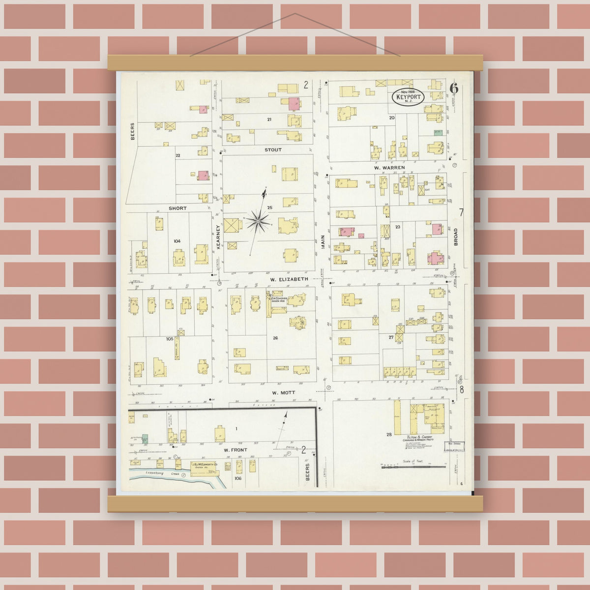 Old map wall art mockup — magnetic wood frame on brick wall — Sanborn Fire Insurance Map from Keyport, Monmouth County, New Jersey (1908), Sheet #0006