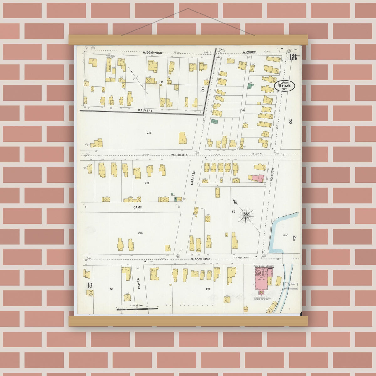 Old map wall art mockup — magnetic wood frame on brick wall — Sanborn Fire Insurance Map from Rome, Oneida County, New York (1899), Sheet #0018