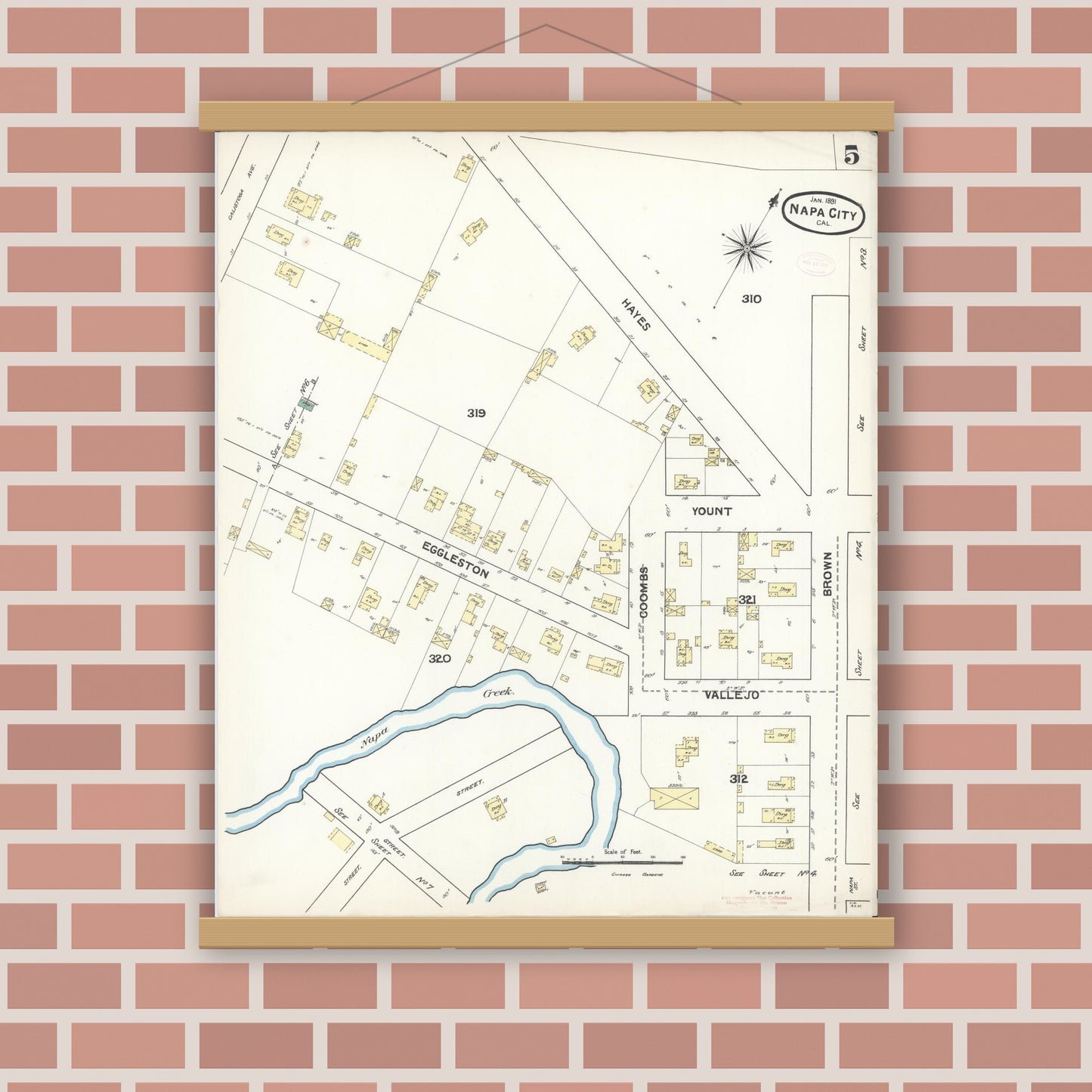 Old map wall art mockup — magnetic wood frame on brick wall — Sanborn Fire Insurance Map from Napa, Napa County, California (1891), Sheet #0005
