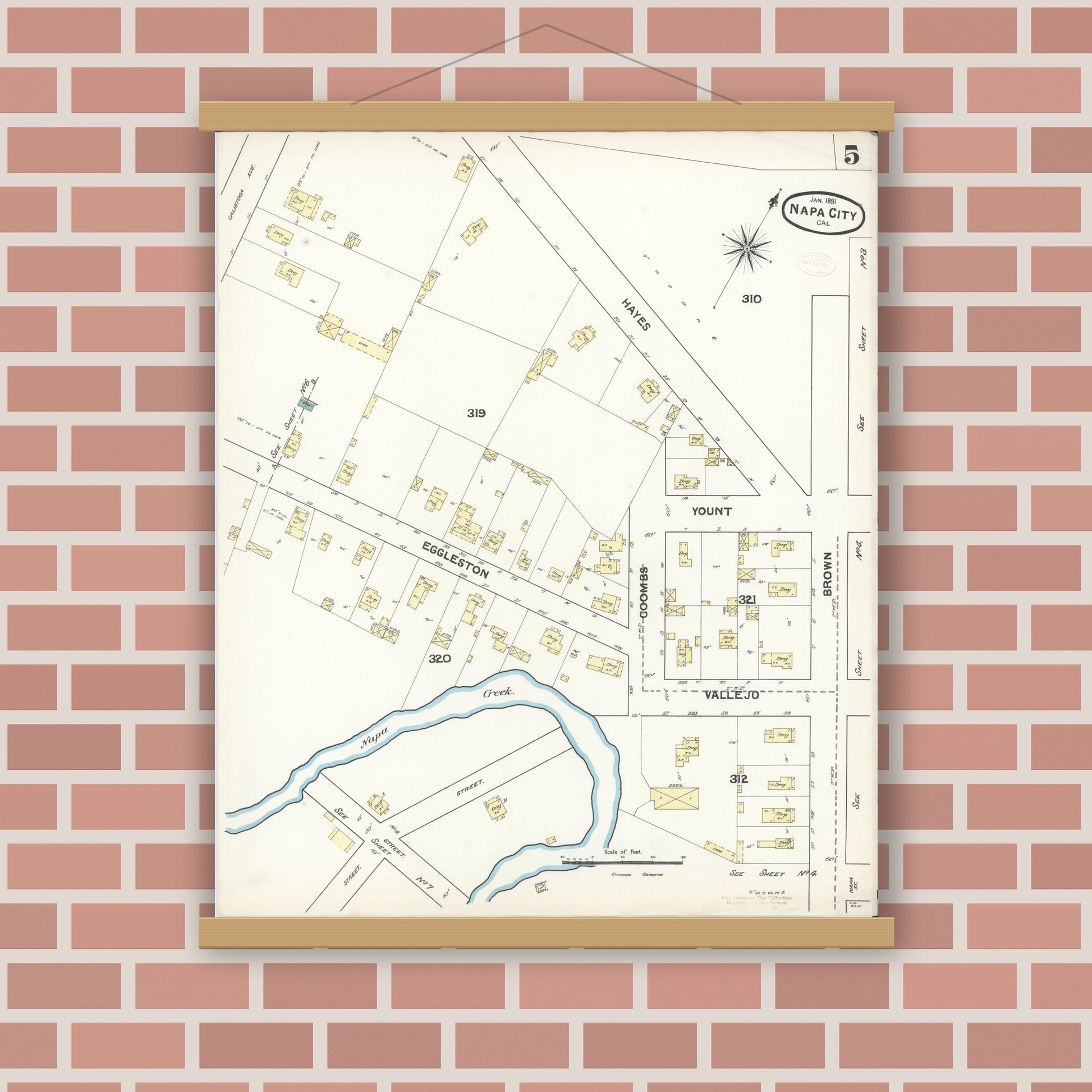 Old map wall art mockup — magnetic wood frame on brick wall — Sanborn Fire Insurance Map from Napa, Napa County, California (1891), Sheet #0005