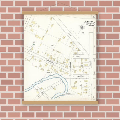 Old map wall art mockup — magnetic wood frame on brick wall — Sanborn Fire Insurance Map from Napa, Napa County, California (1891), Sheet #0005