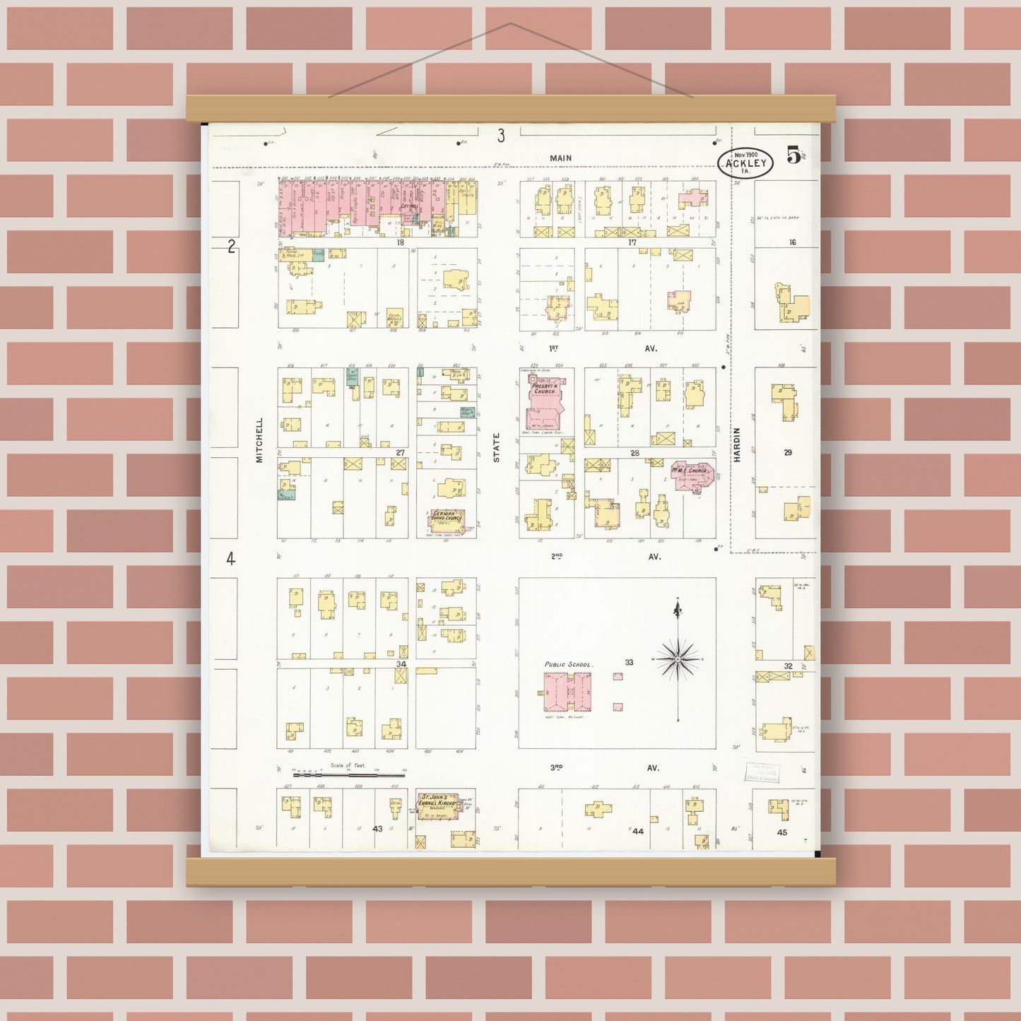 Old map wall art mockup — magnetic wood frame on brick wall — Sanborn Fire Insurance Map from Ackley, Hardin and Franklin Counties, Iowa (1900), Sheet #0005