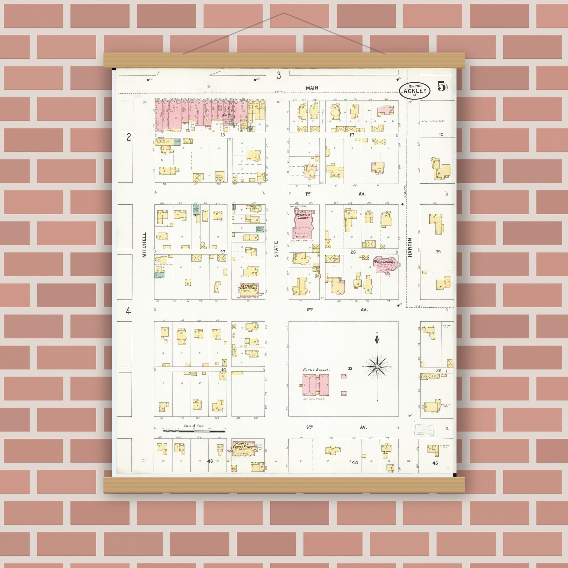 Old map wall art mockup — magnetic wood frame on brick wall — Sanborn Fire Insurance Map from Ackley, Hardin and Franklin Counties, Iowa (1900), Sheet #0005