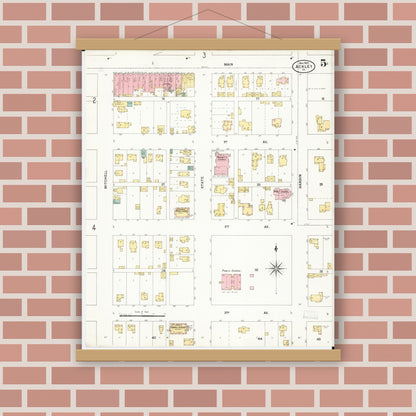 Old map wall art mockup — magnetic wood frame on brick wall — Sanborn Fire Insurance Map from Ackley, Hardin and Franklin Counties, Iowa (1900), Sheet #0005