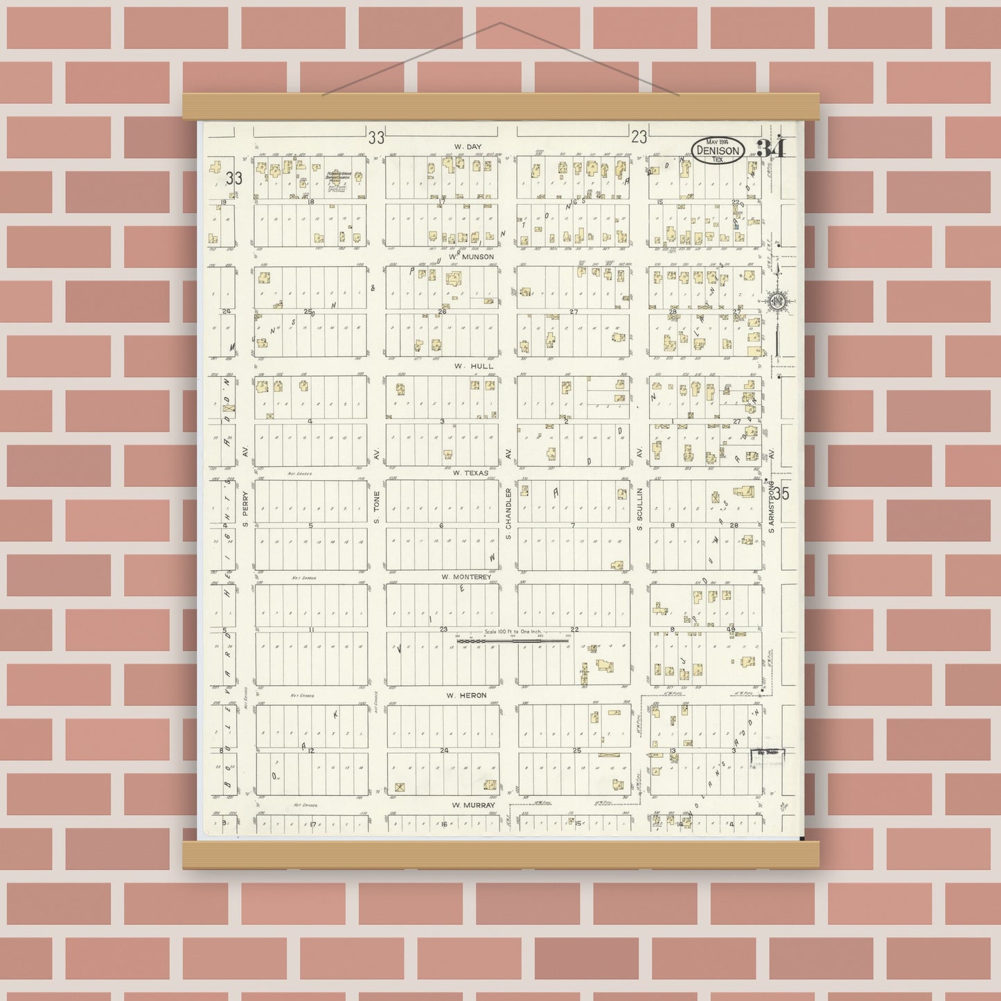 Old map wall art mockup — magnetic wood frame on brick wall — Sanborn Fire Insurance Map from Denison, Grayson County, Texas (1914), Sheet #0034