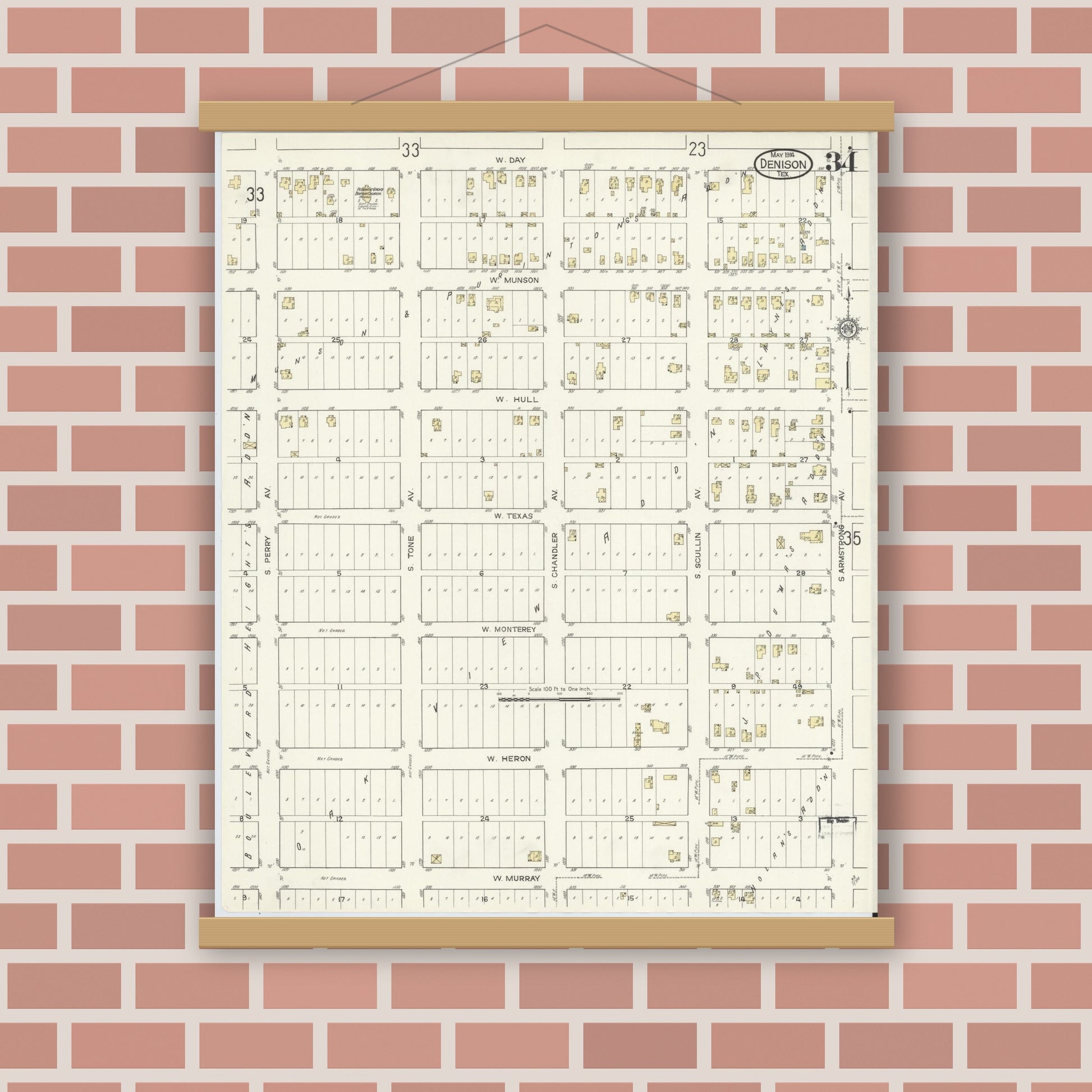 Old map wall art mockup — magnetic wood frame on brick wall — Sanborn Fire Insurance Map from Denison, Grayson County, Texas (1914), Sheet #0034