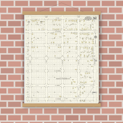 Old map wall art mockup — magnetic wood frame on brick wall — Sanborn Fire Insurance Map from Denison, Grayson County, Texas (1914), Sheet #0034