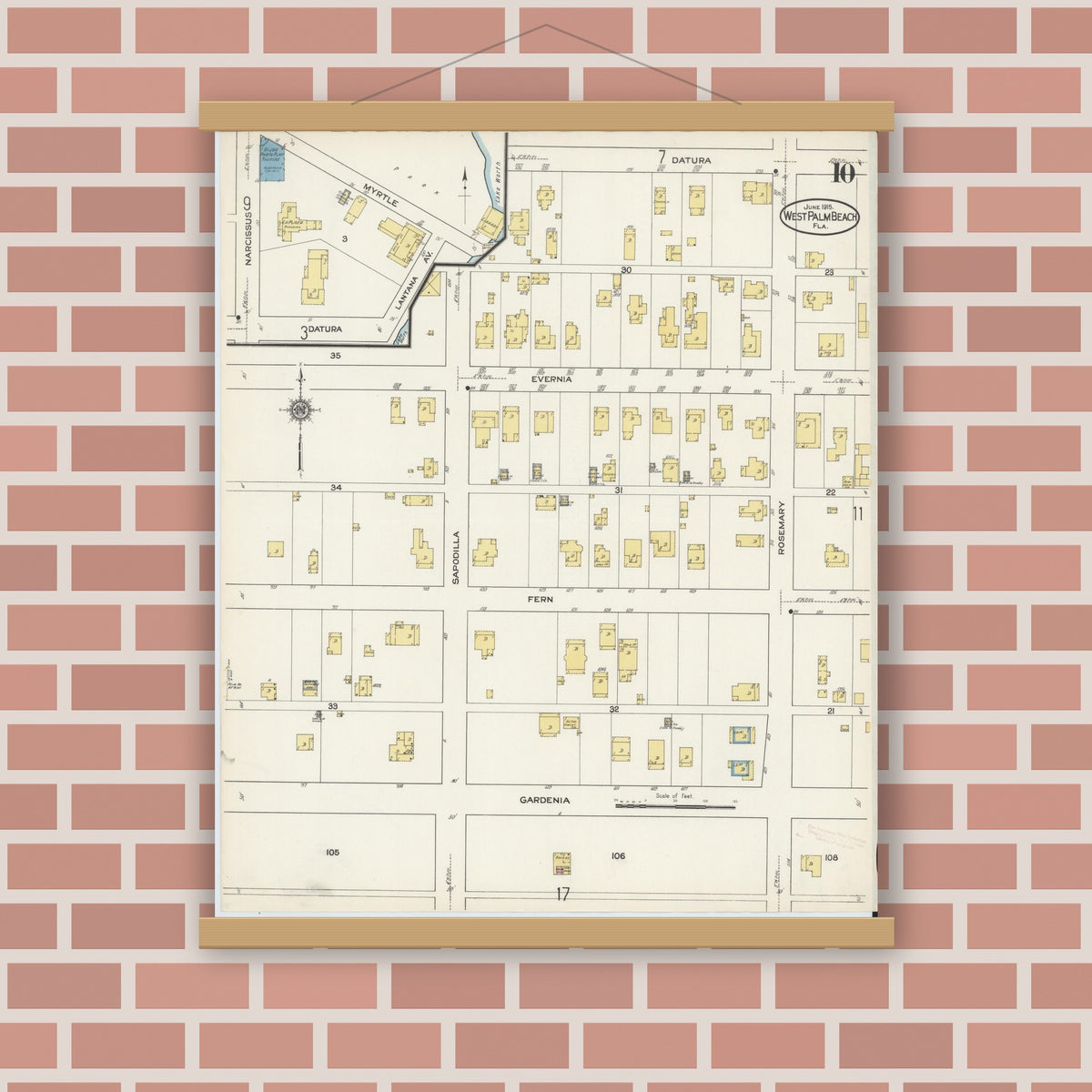 Old map wall art mockup — magnetic wood frame on brick wall — Sanborn Fire Insurance Map from West Palm Beach, Dade County, Florida (1915), Sheet #0010