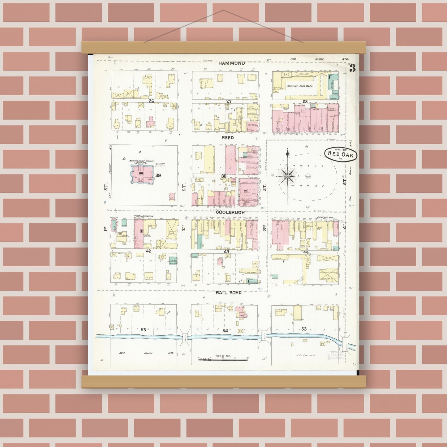 Old map wall art mockup — magnetic wood frame on brick wall — Sanborn Fire Insurance Map from Red Oak, Montgomery County, Iowa (1891), Sheet #0003