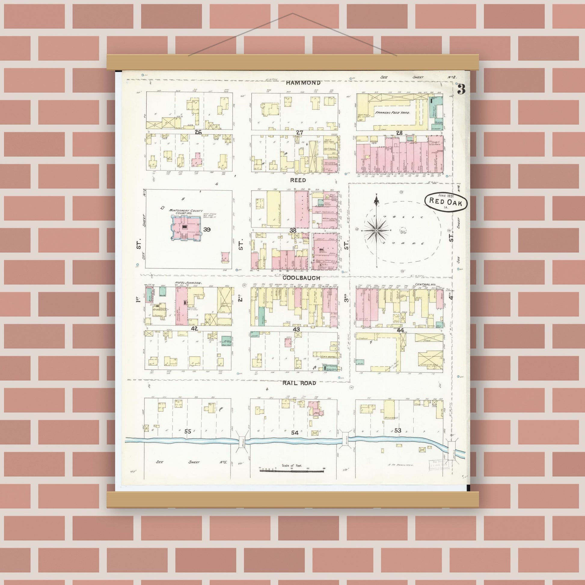 Old map wall art mockup — magnetic wood frame on brick wall — Sanborn Fire Insurance Map from Red Oak, Montgomery County, Iowa (1891), Sheet #0003