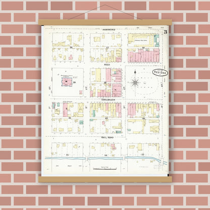 Old map wall art mockup — magnetic wood frame on brick wall — Sanborn Fire Insurance Map from Red Oak, Montgomery County, Iowa (1891), Sheet #0003