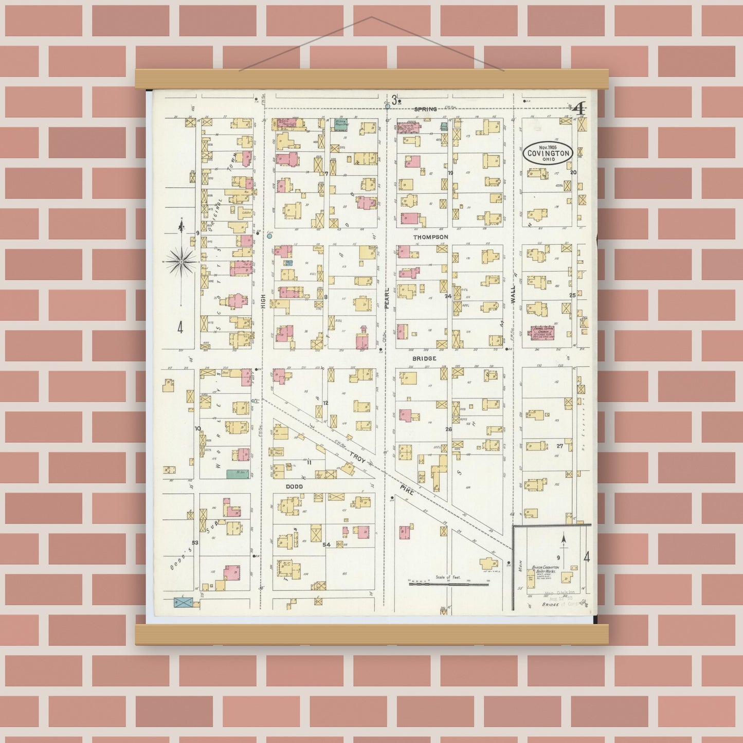 Old map wall art mockup — magnetic wood frame on brick wall — Sanborn Fire Insurance Map from Covington, Miami County, Ohio (1905), Sheet #0004