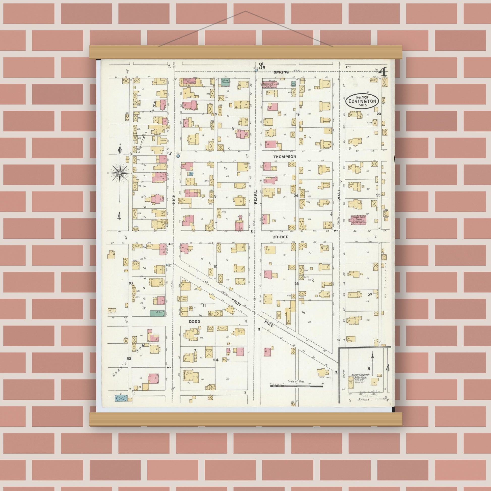 Old map wall art mockup — magnetic wood frame on brick wall — Sanborn Fire Insurance Map from Covington, Miami County, Ohio (1905), Sheet #0004