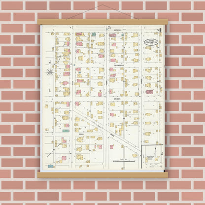 Old map wall art mockup — magnetic wood frame on brick wall — Sanborn Fire Insurance Map from Covington, Miami County, Ohio (1905), Sheet #0004