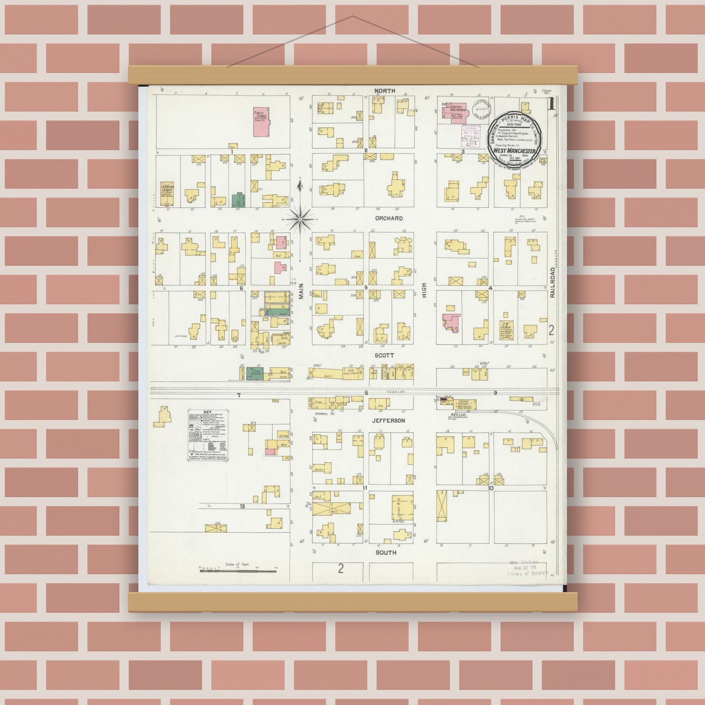 Old map wall art mockup — magnetic wood frame on brick wall — Sanborn Fire Insurance Map from West Manchester, Preble County, Ohio (1901) - Complete Map Set