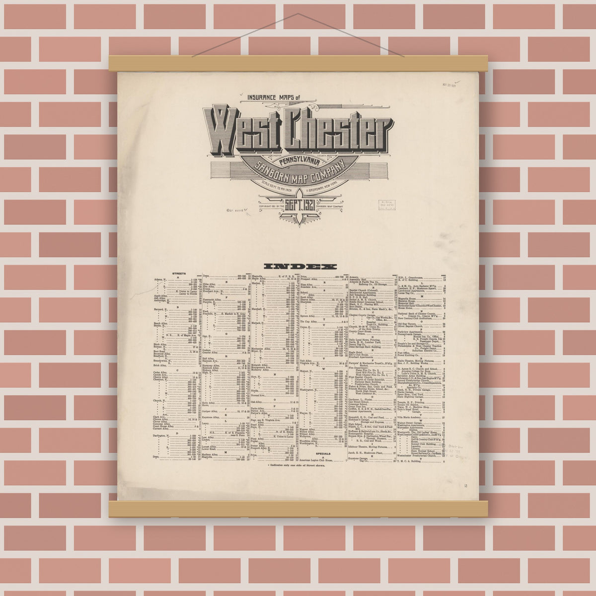 Old map wall art mockup — magnetic wood frame on brick wall — Sanborn Fire Insurance Map from West Chester, Chester County, Pennsylvania (1921), Sheet #0001
