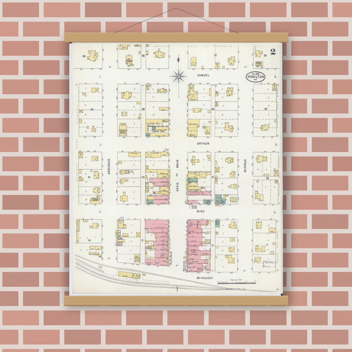 Old map wall art mockup — magnetic wood frame on brick wall — Sanborn Fire Insurance Map from Hamilton, Caldwell County, Missouri (1898), Sheet #0002
